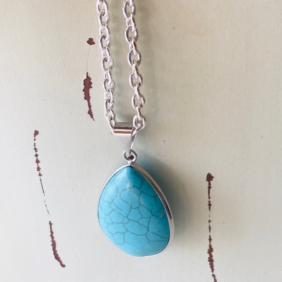Teal & Slivertone Teardrop Pendant Necklace - Picture 3 of 8